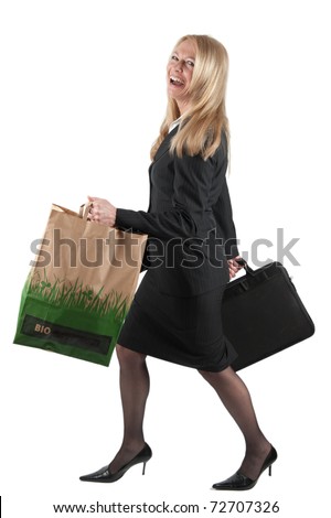 Middle aged Business woman with briefcase and carrier bag, cut out