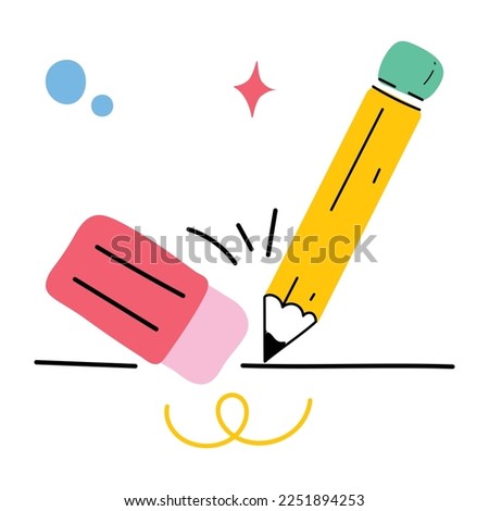 Pencil and eraser, flat sticker of stationery 