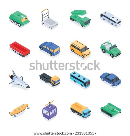 Trendy Set of Public Vehicles Isometric Icons 

