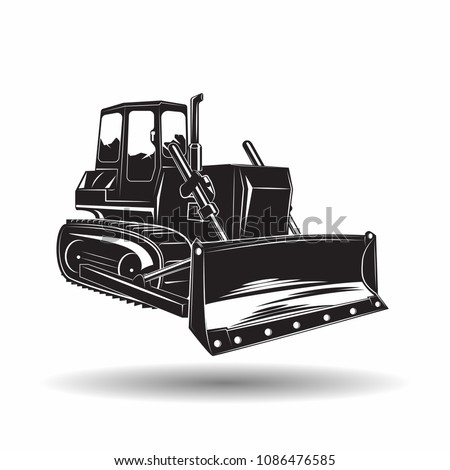 Heavy bulldozer machine monochrome icon, on white background, vector