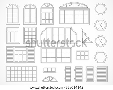 Vector set of black contours windows and shutters. Isolated. Icons. 