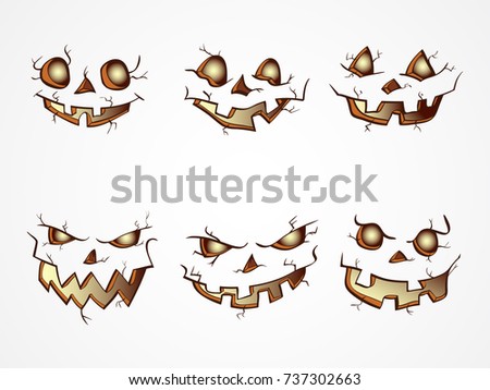 Vector set of  Halloween Pumpkins faces with different emotions on light background. Isolated.