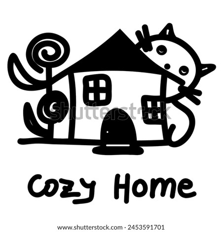 Vector illustration cozy home with cat. Lettering in Ingles. Single line design. Suitable for logo design, card, web and print.