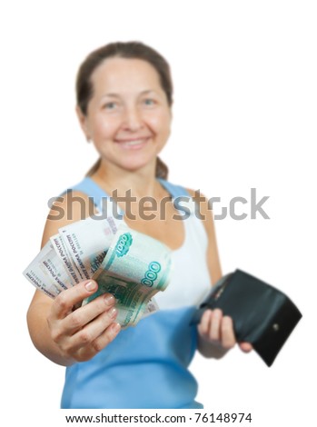 Happy mature woman with money. Focus on money