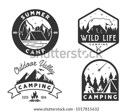Vintage Monotone Wildlife Summer Camp Camping Activities Logo Badge Illustration