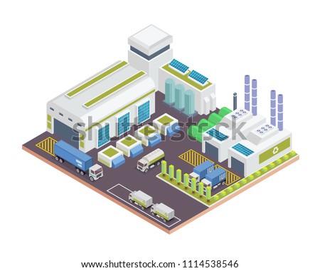 Modern Isometric Green Recycle Factory Building With Solar Panel Energy, Suitable for Diagrams, Infographics, Illustration, And Other Graphic Related Assets