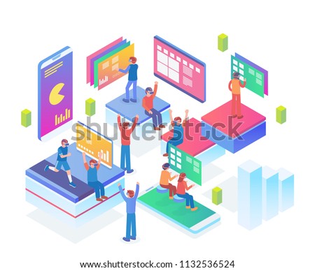 Modern Isometric Smart Virtual Reality Entertainment Technology Illustration in White Isolated Background With People and Digital Related Asset