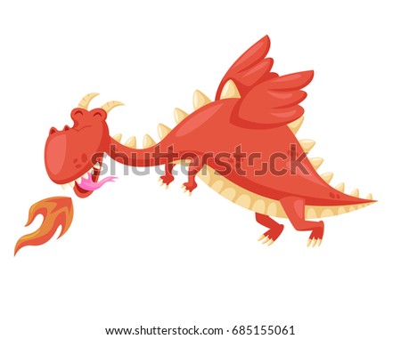 Cute Happy Flying Baby Dragon Illustration Blowing Fire