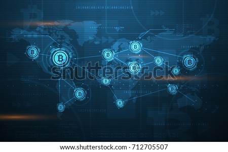 Global Abstract Bitcoin Crypto Currency Blockchain Technology World Map Background Illustration 