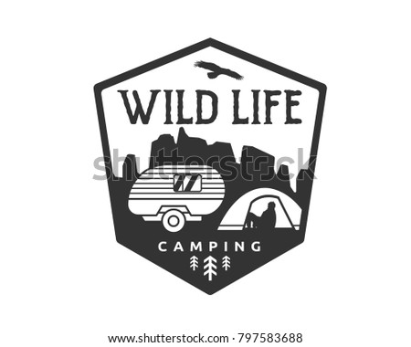 Vintage Monotone Wildlife Summer Camp Camping Activities Logo Badge Illustration