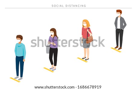 Social Distancing Concept, People Wearing Surgical Masks Standing With Distance In Queue, Protection For Coronavirus Disease, Covid-19, Lifestyle, Leisure, Hobby