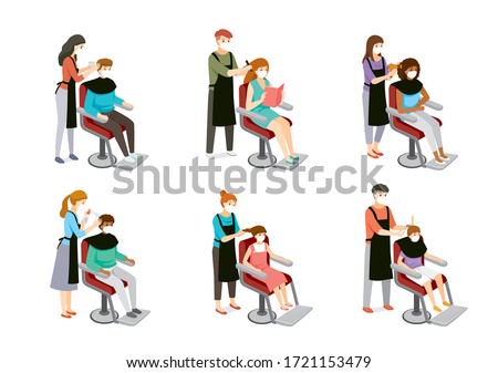Set Of Hairdresser Doing Hair Of Customers, Man, Woman, Boy And Girl, Hairdressing Equipments, New Normal, Beauty, Shop, Healthcare