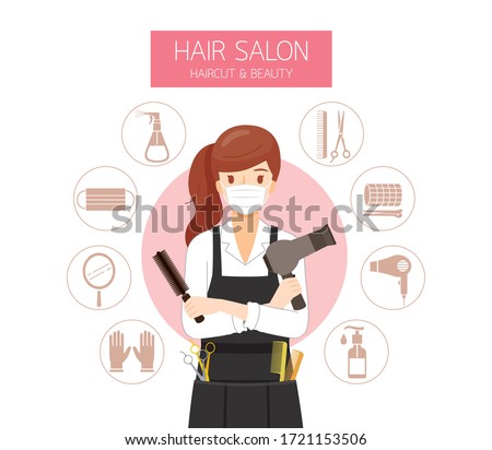 Female Hairdresser Wearing Surgical Mask With Hair Salon Equipments Icons, New Normal, Beauty, Shop, Healthcare