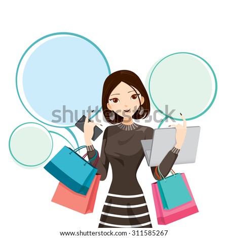 Woman holding notebook, smartphone and shopping bags, goods, food, beverage, beauty, lifestyle