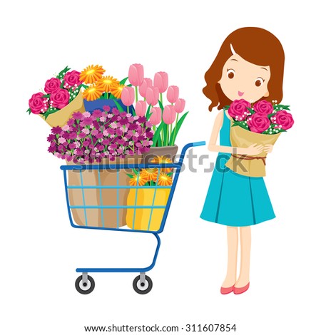 Girl and shopping cart full of flowers, goods, food, beverage, beauty, lifestyle