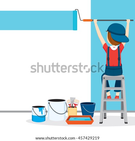 Painter Coloring Wall By Paintroller, People Occupations, Profession, Worker, Job, Duty