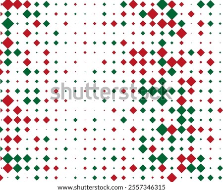 Design with large and small rhombus, squares on a white background. The Christmas colours are red and green. For banners, wallpapers, social media