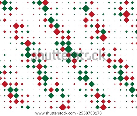 Design with large and small rhombus, squares on a white background. The Christmas colours are red and green. For banners, wallpapers, social media