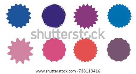 Set of vector starburst, sunburst badges. Nine different color. Simple flat style Vintage labels. Design elements. Colored stickers. A collection of different types and colors icon. 