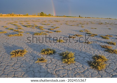 Sunset after storm on a dry bed at Neusiedler See, Austria.