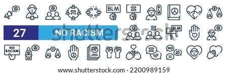 set of 27 outline web no racism icons such as peace, discrimination, peace, blm, equality, speech, no racism, respect vector thin line icons for web design, mobile app.