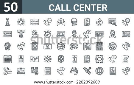 set of 50 outline web call center icons such as antenna, call center, review, inbound, email, telephone, list vector thin icons for report, presentation, diagram, web design, mobile app.