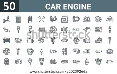 set of 50 outline web car engine icons such as suspension, oil filter, engine, valve, ecu, chain, sump vector thin icons for report, presentation, diagram, web design, mobile app.