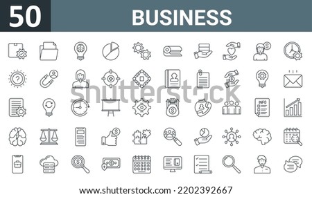 set of 50 outline web business icons such as ordered records, file and folder, idea bulb, pie chart, development, staple, contribution vector thin icons for report, presentation, diagram, web