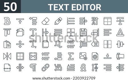 set of 50 outline web text editor icons such as bold, line, lines, eraser, highlighter, numbered, margin vector thin icons for report, presentation, diagram, web design, mobile app.