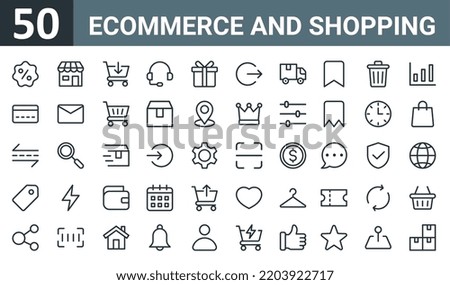 set of 50 outline web ecommerce and shopping icons such as discount, store, add to cart, customer service, gift,  , delivery truck vector thin icons for report, presentation, diagram, web design,