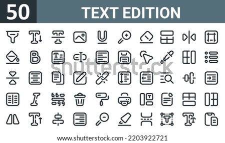 set of 50 outline web text edition icons such as filter, size, strikethrough, picture, underline, zoom in, erase vector thin icons for report, presentation, diagram, web design, mobile app.