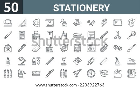 set of 50 outline web stationery icons such as briefcase, triangle, arc, box, correction fluid, sticky notes, push pin vector thin icons for report, presentation, diagram, web design, mobile app.