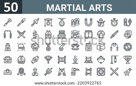 set of 50 outline web martial arts icons such as e, spear, kunai, gong, punching ball, geta, gum shield vector thin icons for report, presentation, diagram, web design, mobile app.