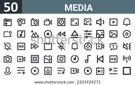 set of 50 outline web media icons such as radio, camera, camera, video camera, speaker, aspect ratio, add photo vector thin icons for report, presentation, diagram, web design, mobile app.
