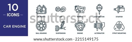 car engine outline icon set includes thin line oil pumps, cap, engine, distributor, starter, ball bearing, suspension icons for report, presentation, diagram, web design