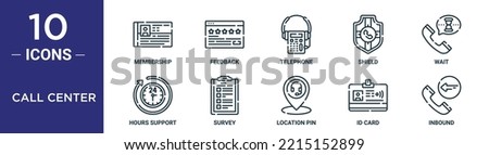 call center outline icon set includes thin line membership, feedback, telephone, shield, wait, hours support, survey icons for report, presentation, diagram, web design