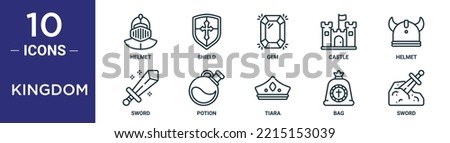 kingdom outline icon set includes thin line helmet, shield, gem, castle, helmet, sword, potion icons for report, presentation, diagram, web design