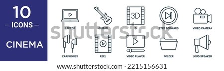 cinema outline icon set includes thin line laptop, guitar, d, step forward, video camera, earphones, reel icons for report, presentation, diagram, web design