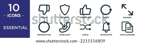 essential outline icon set includes thin line dislike, security, like button, replay, maximize, record button, phone alert icons for report, presentation, diagram, web design