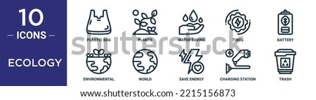 ecology outline icon set includes thin line plastic bag, plants, water saving, tings, battery, environmental, world icons for report, presentation, diagram, web design