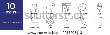 computer hardware outline icon set includes thin line database, share, web page, power button, plug, memory card, mp icons for report, presentation, diagram, web design