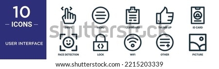 user interface outline icon set includes thin line swipe, menu, clipboard, thumb up, id card, face detection, lock icons for report, presentation, diagram, web design