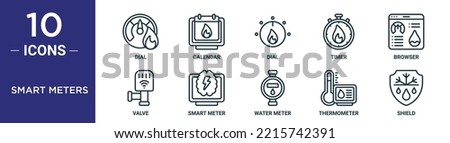 smart meters outline icon set includes thin line dial, calendar, dial, timer, browser, valve, smart meter icons for report, presentation, diagram, web design