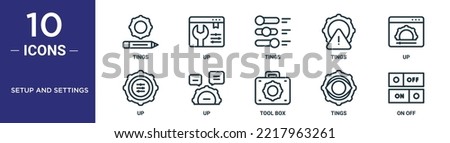 setup and settings outline icon set includes thin line tings, up, tings, tings, up, up, icons for report, presentation, diagram, web design
