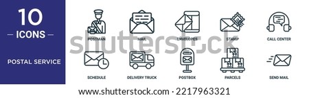 postal service outline icon set includes thin line postman, mail, envelopes, stamp, call center, schedule, delivery truck icons for report, presentation, diagram, web design