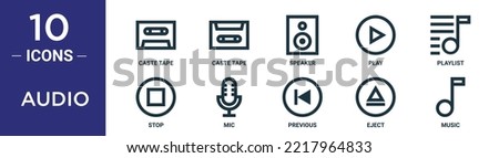 audio outline icon set includes thin line caste tape, caste tape, speaker, play, playlist, stop, mic icons for report, presentation, diagram, web design