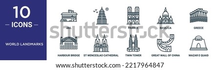 world landmarks outline icon set includes thin line jail,  , france, basilica, greece, harbour bridge, st wenceslao cathedral icons for report, presentation, diagram, web design