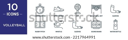 volleyball outline icon set includes thin line chronometer, sport shoes, cup, volleyball net, sleeves, rugby pitch, whistle icons for report, presentation, diagram, web design