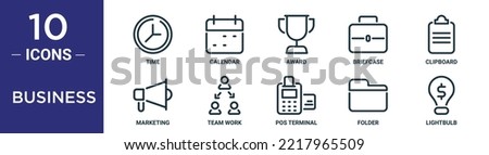 business outline icon set includes thin line time, calendar, award, briefcase, clipboard, marketing, team work icons for report, presentation, diagram, web design