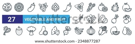 set of 27 outline web vegetable and fruit icons such as cabbage, orange, eggplant, asparagus, lettuce, strawberry, banana, papaya vector thin line icons for web design, mobile app.